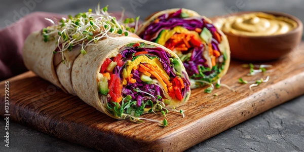 Fototapeta Colorful veggie wrap filled with fresh vegetables like red cabbage, carrots, and bell peppers, garnished with sprouts, is served on wooden board with side of hummus