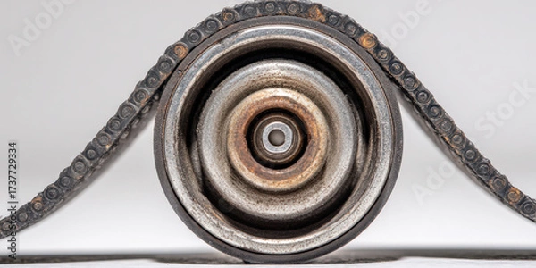 Fototapeta Close up of machine belt slipping on pulley, showing rust and wear, highlights industrial machinery maintenance. image captures texture and detail of metal components