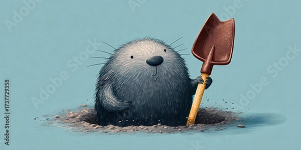 Fototapeta Cute cartoon mole with shovel peeks out of hole, showcasing playful and whimsical illustration style. mole expression adds charm to children illustration