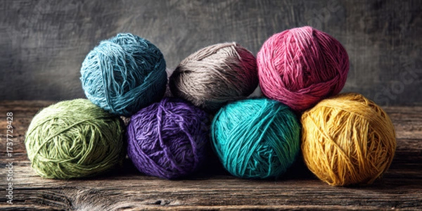 Fototapeta Colorful yarn balls in soft light on wooden table create cozy atmosphere. vibrant hues of pink, blue, green, yellow, purple, and gray add touch of creativity and warmth