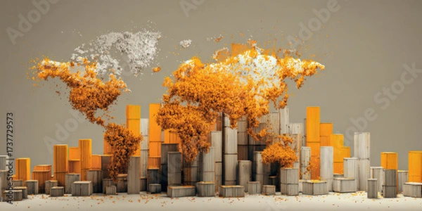 Fototapeta Creative representation of global economic trends using abstract orange and white blocks forms world map, symbolizing trade and politics