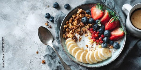 Fototapeta Healthy breakfast bowl with fruits granola and yogurt featuring bananas strawberries blueberries and red currants next to cup of coffee on textured surface