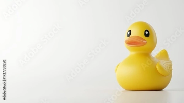 Fototapeta A classic rubber duck in bright glossy yellow sits on a clean surface, adding a playful touch to bathtime or decor ideas