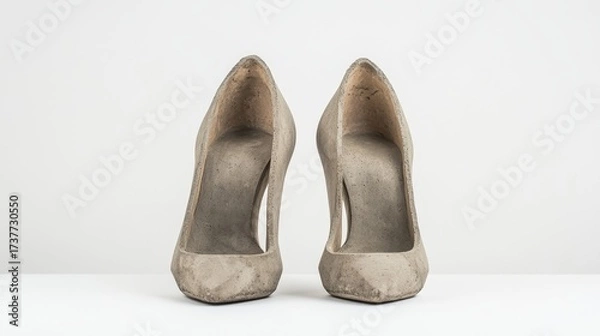 Fototapeta Concrete stiletto shoes stand on a plain surface, emphasizing their artistic and unconventional design, blending fashion with raw material