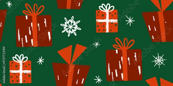 Fototapeta Christmas Gift Boxes and Snowflakes on Green Backdrop Pattern