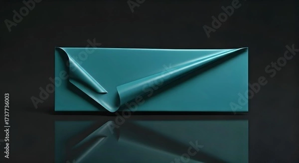 Fototapeta Close-up of a teal-colored envelope with a folded flap on a reflective surface against a dark background with dramatic lighting.