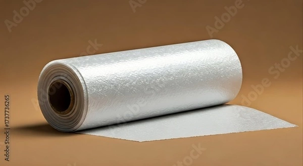 Fototapeta Close-up of a roll of silver insulation material on a brown background with a sheet unrolled.