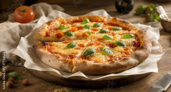 Fototapeta Delicious homemade pizza with fresh basil on a wooden table with a rustic background and warm lighting.