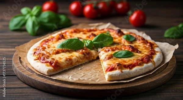 Fototapeta Delicious homemade pizza with fresh basil on a wooden plate against a rustic background with tomatoes.