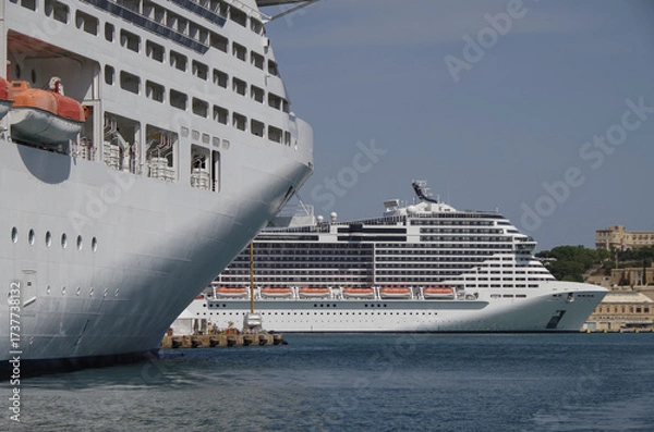 Fototapeta Modern cruise ship cruiseship liner being modernized over-hauled repaired refitted maintenanced by shipyard in Malta with dock and cranes