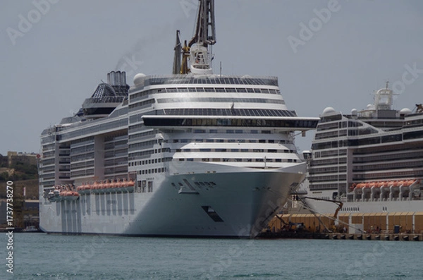 Fototapeta Modern cruise ship cruiseship liner being modernized over-hauled repaired refitted maintenanced by shipyard in Malta with dock and cranes