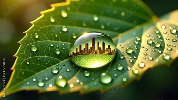 Fototapeta Modern city skyline reflected in a dew drop on a vibrant green leaf