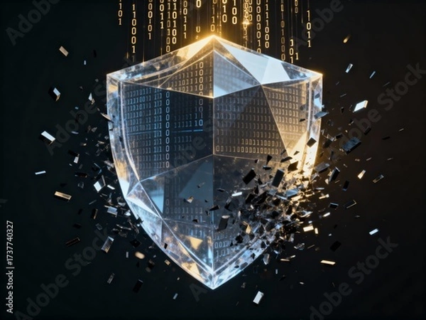 Fototapeta Cybersecurity data breach concept with a shattered crystal security shield and binary code