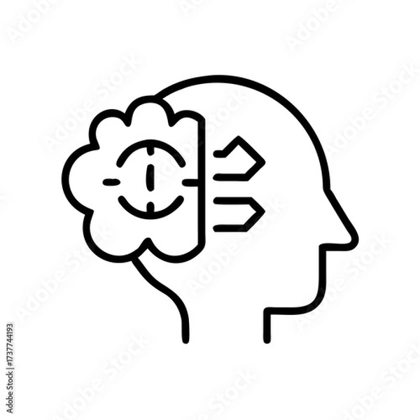 Obraz Human head silhouette with brain and arrows indicating thoughts  