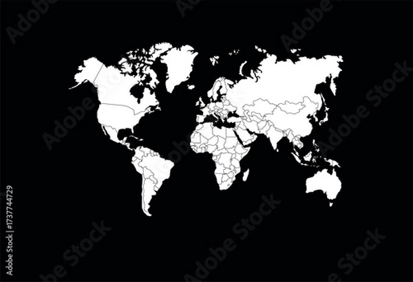Obraz white colour vector world map with black background