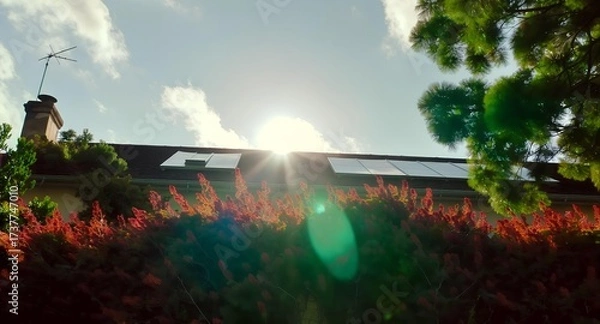 Fototapeta Low-angle shot of a house with a solar panel roof surrounded by vibrant red flowers and lush greenery under a sunny blue sky.