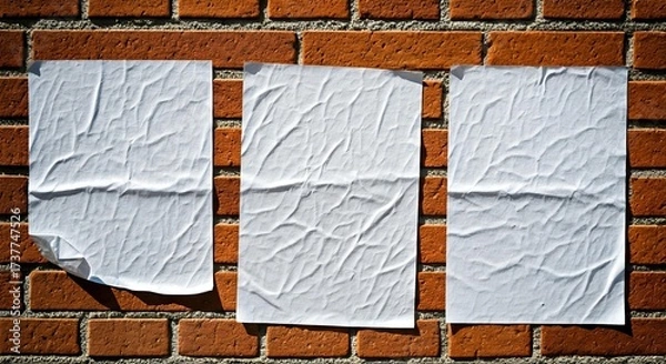 Fototapeta Crumpled white papers taped on a red brick wall with shadows, close-up view.