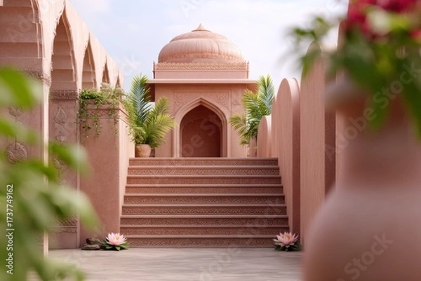 Fototapeta Serene courtyard with steps leading to ornate dome and lush foliage