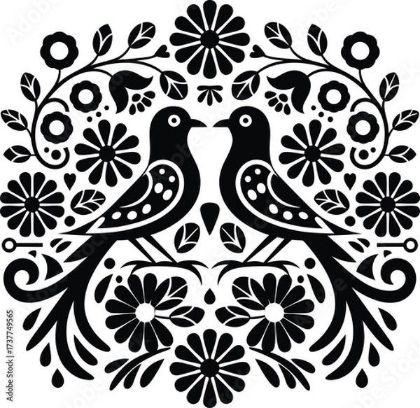 Obraz Folk Art Birds and Flowers Vector Silhouette Illustration