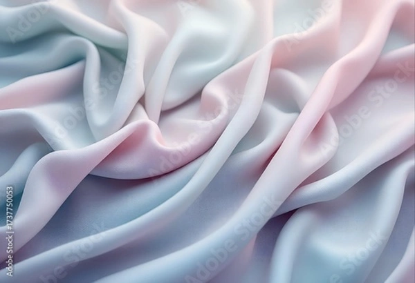 Fototapeta Close-up of pastel pink and blue fabric with smooth folds and soft lighting against a white background.
