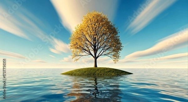 Fototapeta Serene landscape of a solitary tree on a small island surrounded by calm water under a blue sky with wispy clouds and warm sunlight.