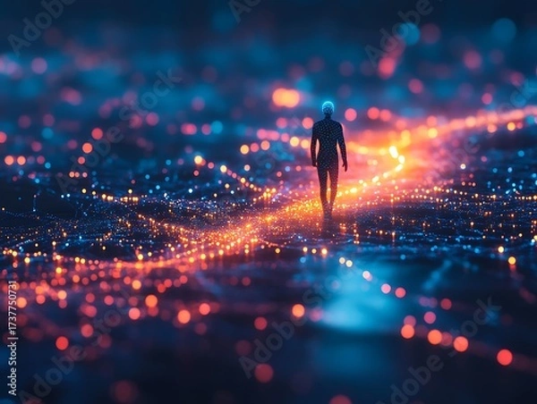 Obraz Man walking on an abstract illuminated path in a surreal digital landscape