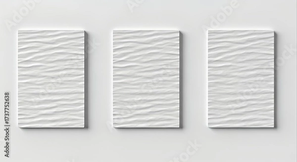 Fototapeta Three white textured panels mounted on a plain gray wall with a subtle shadow effect.