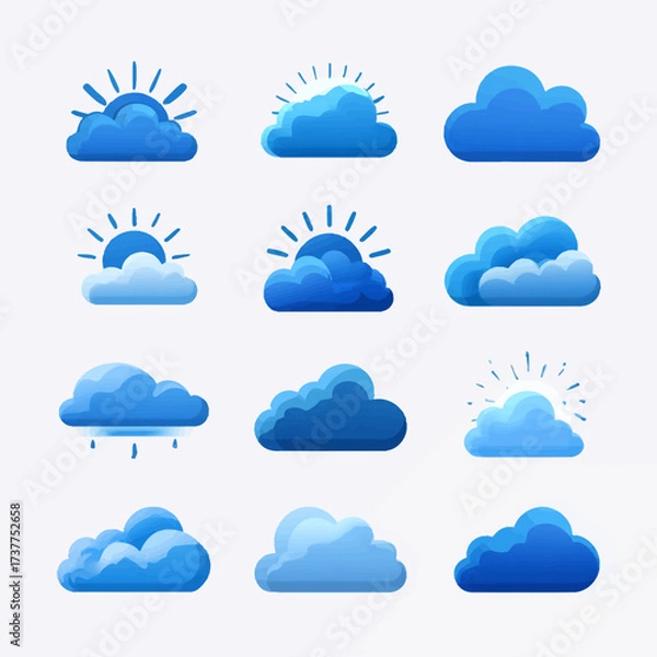 Fototapeta A collection of 12 vibrant blue cloud icons in flat vector style, featuring simple clouds in various shapes, some with golden sunrises or sunsets peeking through. Each icon has smooth gradients