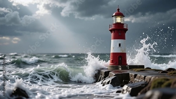 Fototapeta Red and white lighthouse on rocky coast with crashing waves and dramatic cloudy sky, illuminated beacon