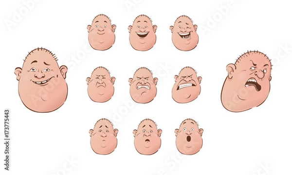 Fototapeta Set of male emoji characters. Flat cartoon style. Isolated bald men avatars with different facial expressions.