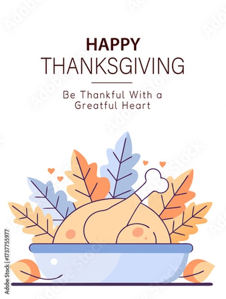 Obraz Happy Thanksgiving greeting card vector illustration with roasted turkey, autumn leaves, and festive design. Holiday celebration template for invitation, banner, or poster.