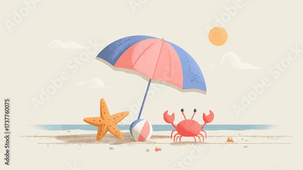 Fototapeta A whimsical beach illustration featuring a pink and blue umbrella, orange starfish, striped beach ball, red crab, sunny sky with clouds, and sandy shore with ocean horizon