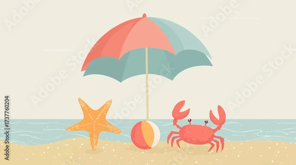 Fototapeta A whimsical beach illustration featuring a pink and blue umbrella, orange starfish, striped beach ball, red crab, sunny sky with clouds, and sandy shore with ocean horizon