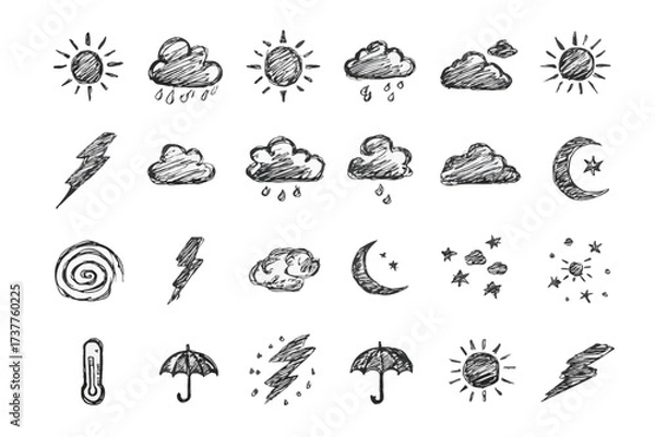 Fototapeta A charming set of hand-drawn weather icons in a doodle style, featuring sun, clouds, rain, lightning, moon, stars, thermometer, umbrella, tornado, and more in black and white sketches