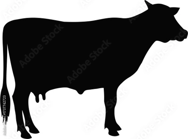 Fototapeta Standing cow in profile view, isolated black silhouette. Bold clean minimalist design for agricultural branding, farm marketing, livestock industry and food-related projects.
