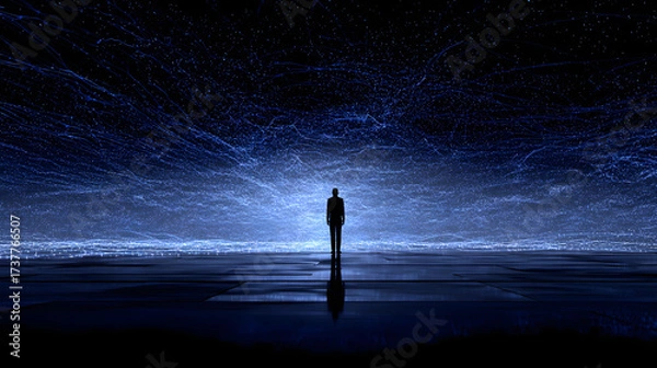 Fototapeta Solitude Under the Celestial Veil: A lone figure stands silhouetted against a mesmerizing expanse of the vast dark sky, evoking a sense of introspection and the sublime.