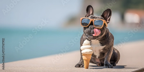 Fototapeta Cool Dog with Ice Cream: A fashionable French bulldog, complete with sunglasses, enjoys a delightful ice cream cone on a bright, sunny day by the beach, capturing a moment of pure summer fun.