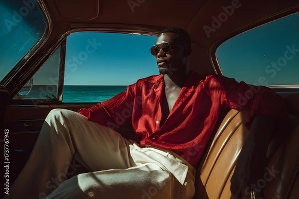 Fototapeta In a vintage car by the ocean, a dark-skinned male model sits on a leather seat, wearing an open red shirt and cream pants, through the window you can see the clear sea, a retro luxury atmosphere