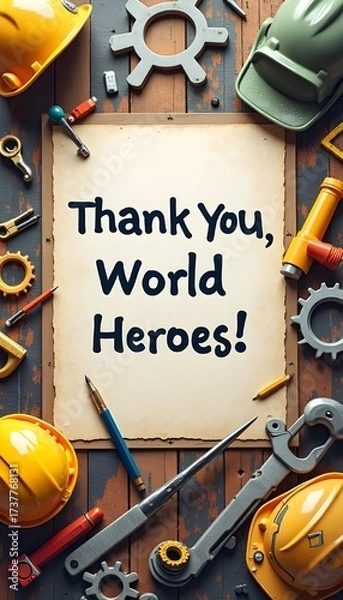 Fototapeta The poster's background is filled with symbols of work with hard hats, stationery, machine gears with a strong slogan: 'Thank You, World Heroes!'