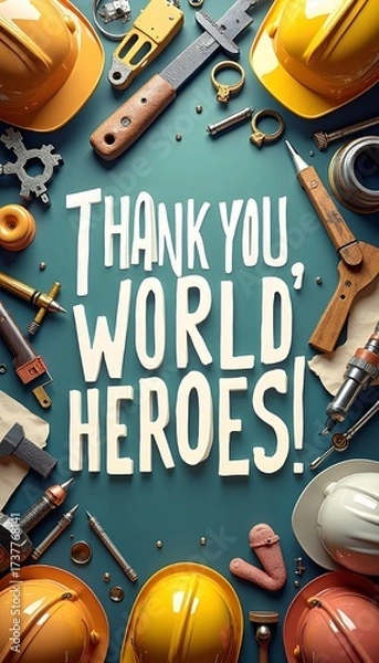 Fototapeta The poster's background is filled with symbols of work with hard hats, stationery, machine gears with a strong slogan: 'Thank You, World Heroes!'