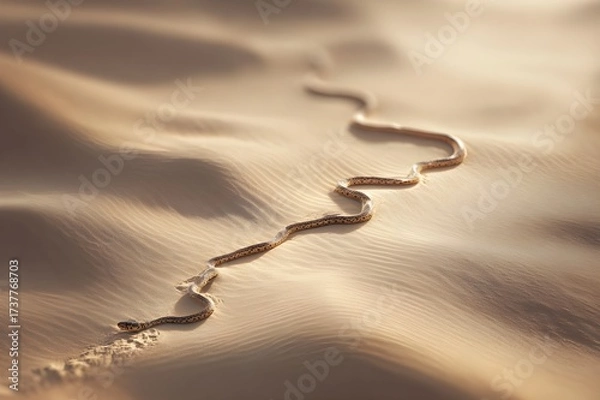 Fototapeta A desert snake slithers across a sunlit dune, its slender body partially buried as it moves, leaving a delicate trail of winding patterns in the sand