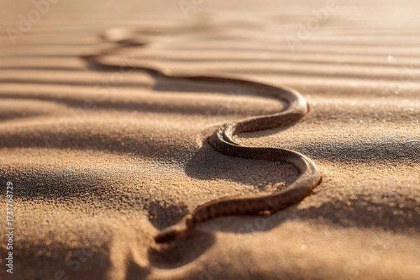 Fototapeta A desert snake slithers across a sunlit dune, its slender body partially buried as it moves, leaving a delicate trail of winding patterns in the sand