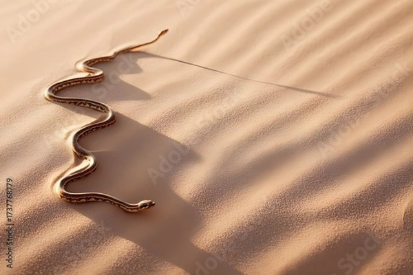 Fototapeta A desert snake slithers across a sunlit dune, its slender body partially buried as it moves, leaving a delicate trail of winding patterns in the sand
