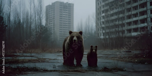 Fototapeta Chernobyl Bear Family: A poignant moment of nature reclaiming the ruins of Pripyat, with a mother bear and her cub standing steadfast amidst the desolation.