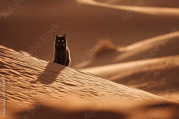 Fototapeta A black cat stands on a sand dune, its gaze focused directly towards the camera. The surrounding landscape glows in orange and brown, with soft shadows stretching across the textured dunes