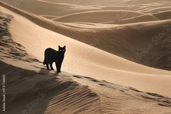 Fototapeta A black cat stands on a sand dune, its gaze focused directly towards the camera. The surrounding landscape glows in orange and brown, with soft shadows stretching across the textured dunes