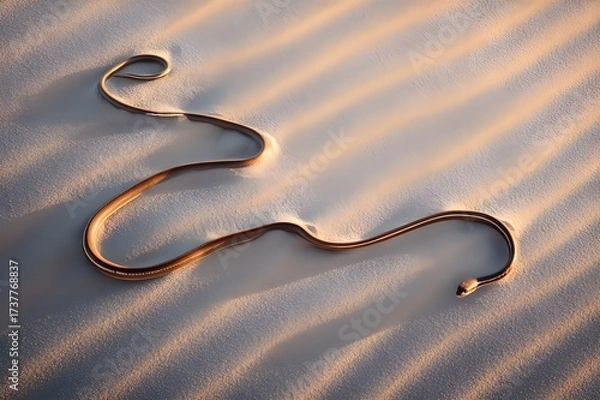 Fototapeta A desert snake slithers across a sunlit dune, its slender body partially buried as it moves, leaving a delicate trail of winding patterns in the sand