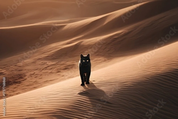Fototapeta A black cat stands on a sand dune, its gaze focused directly towards the camera. The surrounding landscape glows in orange and brown, with soft shadows stretching across the textured dunes