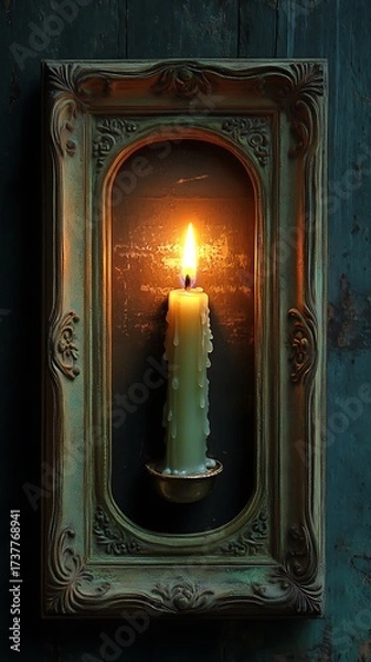 Obraz Illuminated waxen taper encased in antiquated frame projecting subtle radiance