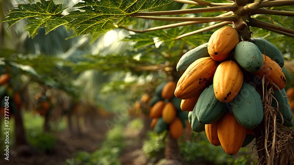 Fototapeta Ripe Papayas in Orchard: A vibrant papaya tree, laden with both ripe and ripening fruits, flourishes in a sun-drenched orchard. The scene exudes natural abundance.